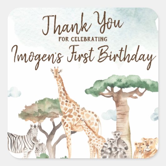 Wild One Safari Animals First Birthday Party Favor Vierkante Sticker (Voorkant)