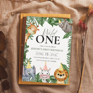 Wild One Safari Animals First Birthday Waterverf Kaart
