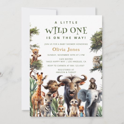 Wild One Safari Animals Geslacht Neutraal Baby sho Kaart (Voorkant)