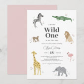 Wild One Safari Animals Girl Baby shower Kaart (Voorkant / Achterkant)