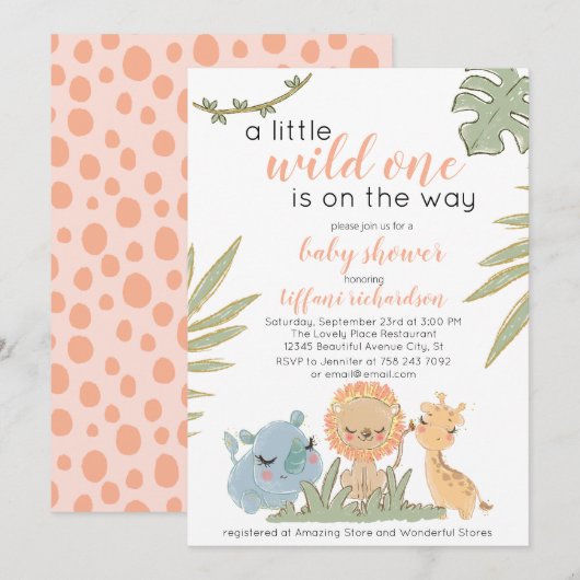 Wild One Safari Animals Girl Baby shower Kaart (Voorkant / Achterkant)