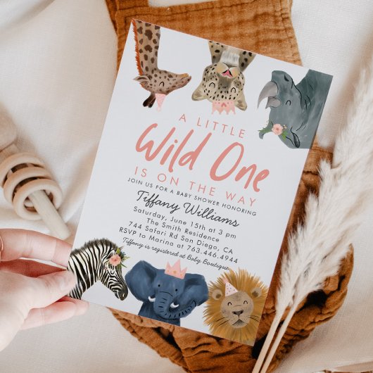 Wild One Safari Animals Girl Baby shower Kaart