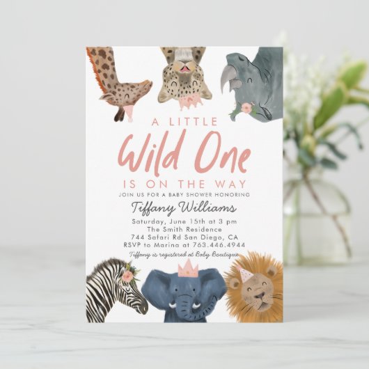 Wild One Safari Animals Girl Baby shower Kaart (Staand voorkant)