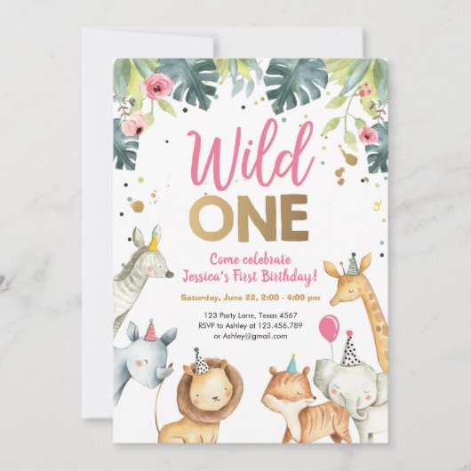 Wild One Safari Animals Girl Birthday Invitation Kaart (Voorkant)