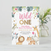 Wild One Safari Animals Girl Birthday Invitation Kaart (Staand voorkant)
