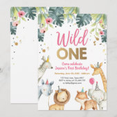 Wild One Safari Animals Girl Birthday Invitation Kaart (Voorkant / Achterkant)