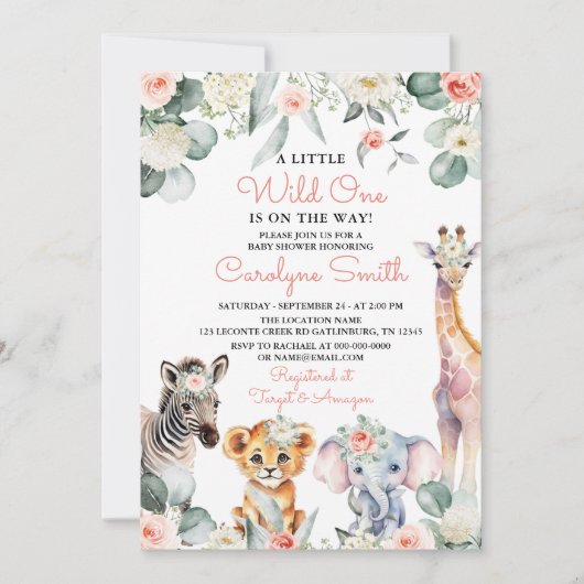 Wild One Safari Animals Greenery Baby shower Meisj Kaart (Voorkant)