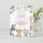 Wild One Safari Animals Greenery Baby shower Meisj Kaart (Staand voorkant)