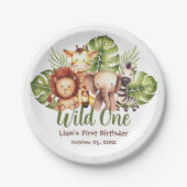 Wild One Safari Animals Greenery First Birthday Papieren Bordje (Voorkant)