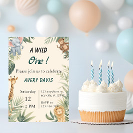 Wild One Safari Animals Kids Birthday Invitation Kaart