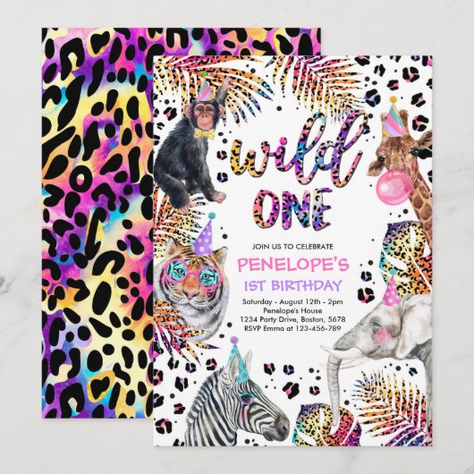 Wild One Safari Animals Rainbow Cheetah Birthday Kaart (Voorkant / Achterkant)