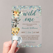 Wild One Safari Animals Sage Green Baby shower Acryl Uitnodigingen (Insitu (Draagbaar))