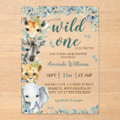 Wild One Safari Animals Sage Green Baby shower Acryl Uitnodigingen (Voorkant)