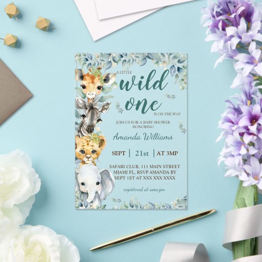 Wild One Safari Animals Sage Green Baby shower Acryl Uitnodigingen (Insitu (Huwelijk))