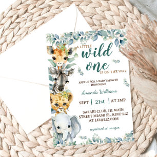 Wild One Safari Animals Sage Green Baby shower Kaart