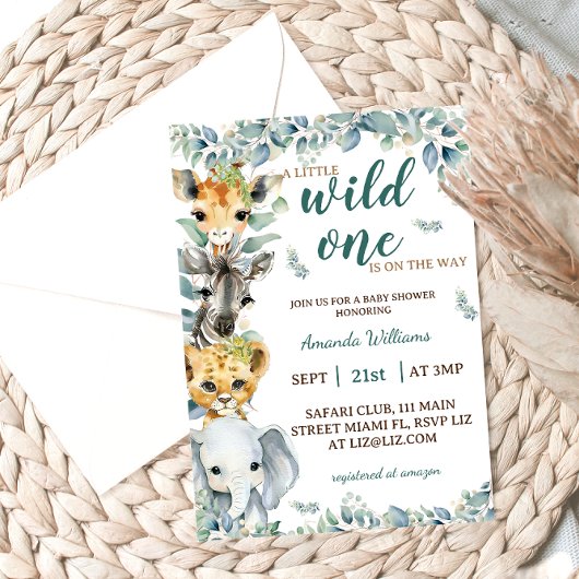 Wild One Safari Animals Sage Green Baby shower Kaart