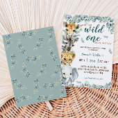 Wild One Safari Animals Sage Green Baby shower Kaart