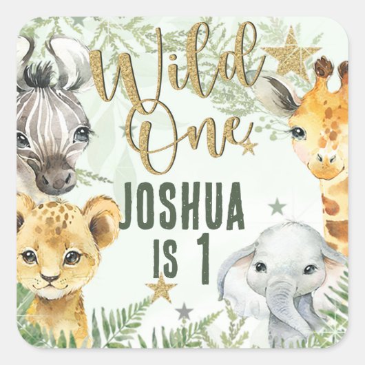 Wild One Safari Animals Square Stickers (Voorkant)