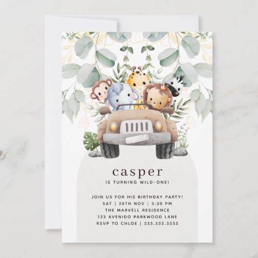 Wild One Safari Baby Dieren 1e Verjaardagsfeest Kaart (Voorkant)