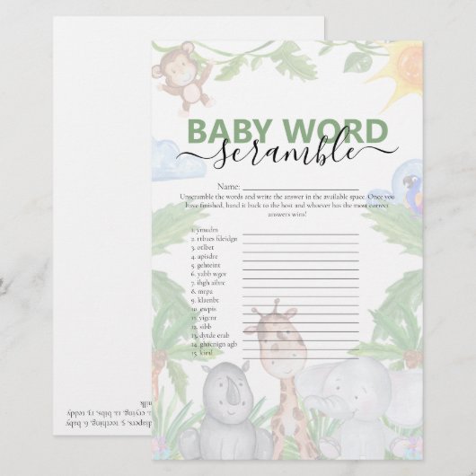 Wild One Safari Baby shower Game (Voorkant / Achterkant)