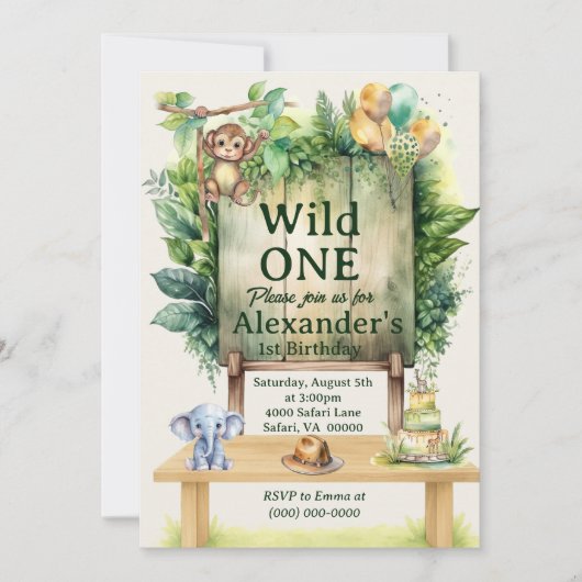 Wild ONE Safari Birthday Greenery Jungle Animals  Kaart (Voorkant)