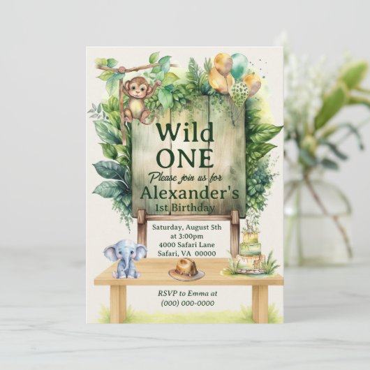 Wild ONE Safari Birthday Greenery Jungle Animals  Kaart (Staand voorkant)