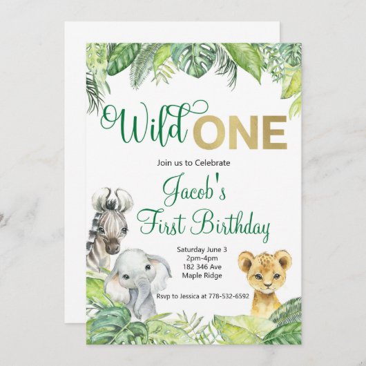 Wild One Safari Birthday Uitnodiging (Voorkant / Achterkant)