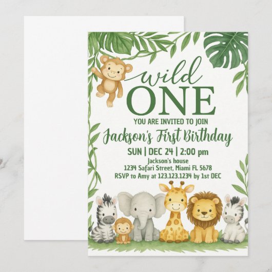 Wild One Safari Birthday Uitnodiging (Voorkant / Achterkant)