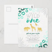 Wild One Safari Blauw en Goud Luipaard 1e Verjaard Briefkaart (Voorkant / Achterkant)