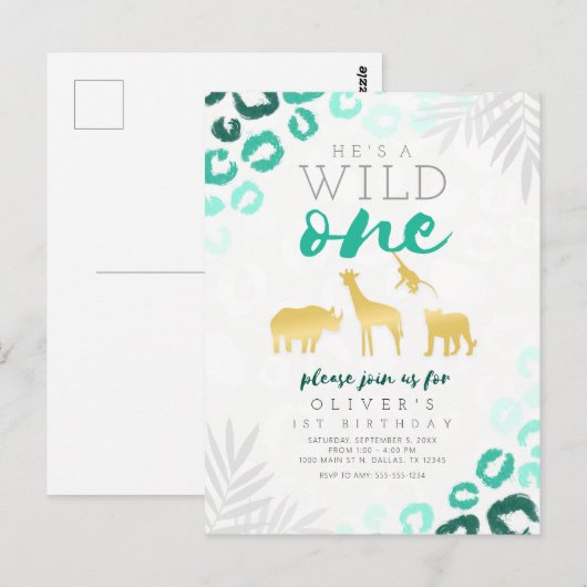 Wild One Safari Blauw en Goud Luipaard 1e Verjaard Briefkaart (Voorkant / Achterkant)