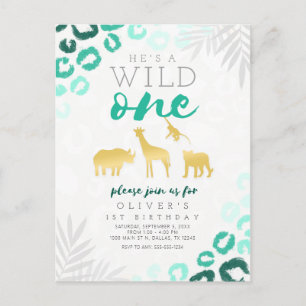 Wild One Safari Blauw en Goud Luipaard 1e Verjaard Briefkaart