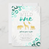 Wild One Safari Blue en Gold 1st Birthday Kaart (Voorkant)