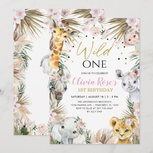 WILD ONE Safari Boho Pampas Dieren 1e Verjaardag Kaart (Voorkant / Achterkant)