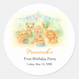 Wild One Safari Boy 1st Birthday Jungle Party Ronde Sticker