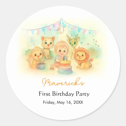 Wild One Safari Boy 1st Birthday Jungle Party Ronde Sticker (Voorkant)