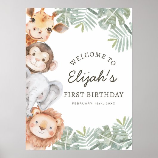 Wild One Safari Boy's 1st Birthday Welcome Sign Poster (Voorkant)