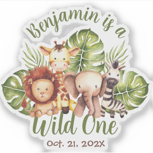 Wild One Safari Cute Animals Green Leaves Sticker (Voorkant)