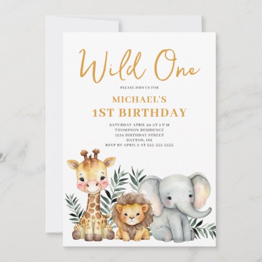 Wild One Safari Dier 1e Verjaardag Uitnodiging (Voorkant)