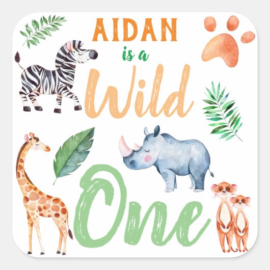 Wild One Safari Dier 1e Verjaardag Wild Things Vierkante Sticker (Voorkant)