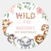 Wild One Safari Dier Blush Bloemen 1e Verjaardag Ronde Sticker (Voorkant)