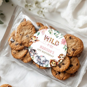 Wild One Safari Dier Blush Bloemen 1e Verjaardag Ronde Sticker