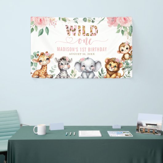 Wild One Safari Dier Blush Bloemen 1e Verjaardag Spandoek (Beurs)