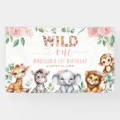 Wild One Safari Dier Blush Bloemen 1e Verjaardag Spandoek (Horizontaal)
