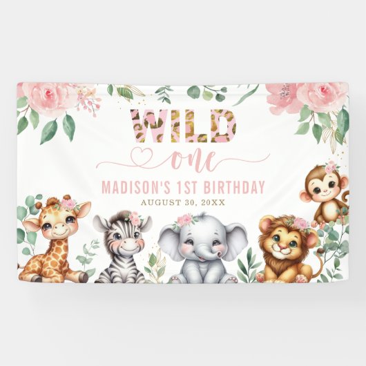 Wild One Safari Dier Blush Bloemen 1e Verjaardag Spandoek (Horizontaal)