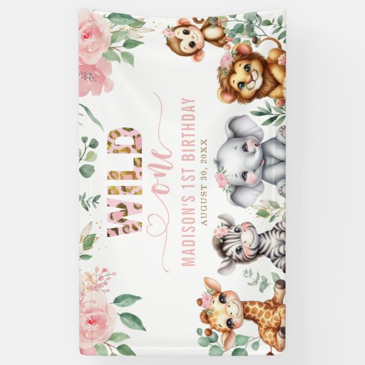 Wild One Safari Dier Blush Bloemen 1e Verjaardag Spandoek (Verticaal)
