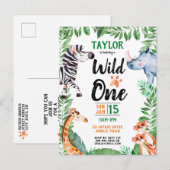Wild One Safari Dier Kinder 1e Verjaardag Uitnodiging Briefkaart (Voorkant / Achterkant)