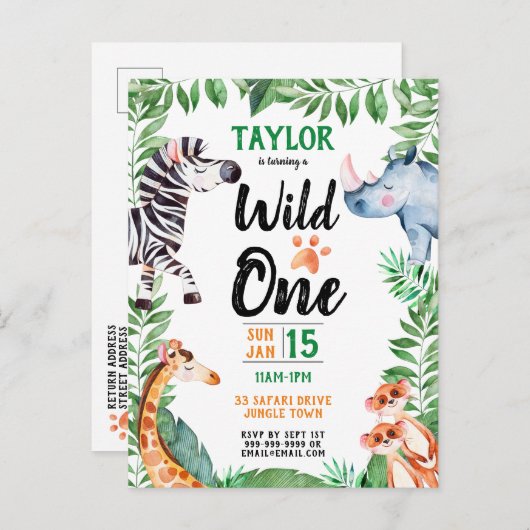Wild One Safari Dier Kinder 1e Verjaardag Uitnodiging Briefkaart (Voorkant / Achterkant)