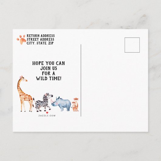 Wild One Safari Dier Kinder 1e Verjaardag Uitnodiging Briefkaart (Achterkant)