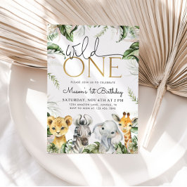 Wild One Safari Dieren 1e Verjaardag Jongens Invit Kaart