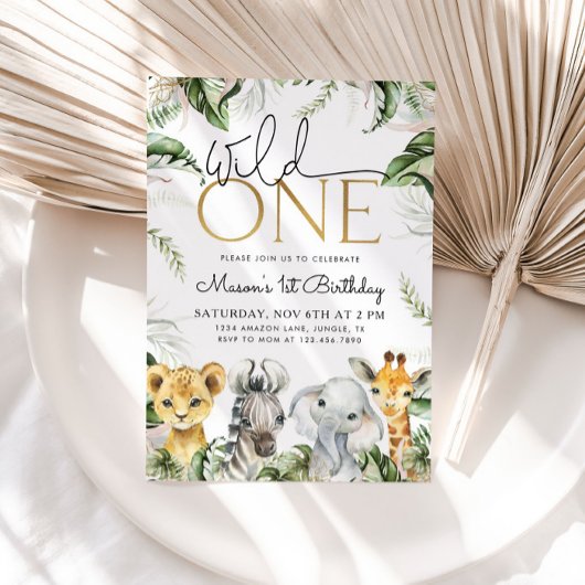 Wild One Safari Dieren 1e Verjaardag Jongens Invit Kaart